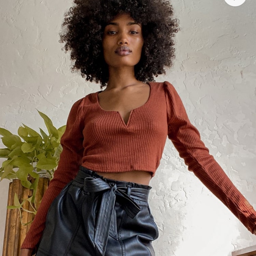 Lulu's Make a Date Rust Brown Ribbed V-neck Long Sleeve Crop Top